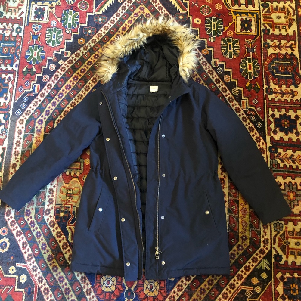 J. Crew Winter Parka Water Resistant Navy with Faux Fur Trim Women’s Sma…